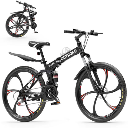 MarKnig 26 Inch Adult Folding Bikes/Mountain Bikes, 21 Speeds Mountain Bicycles with Full Suspension, Dual Disc Brake, High Carbon Steel Frame, Foldable Bike for Men/Women/Teen, LH-Black