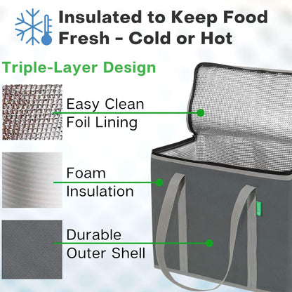 XL Insulated Reusable Grocery Bags (2-Pack) - Premium Quality Cooler Bags with Hard Bottom Insert - Stands Upright, Machine Washable, Sturdy Zipper - Insulated Bag for Warm or Cold Food Delivery Bag
