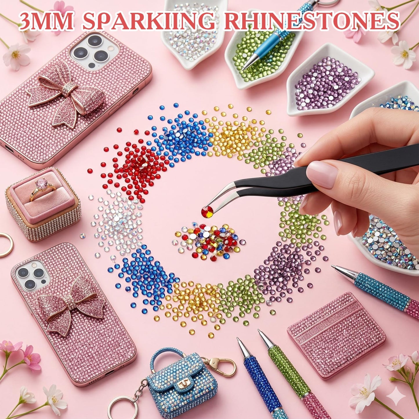 80000Pcs Bedazzling Kit with 3mm Rhinestones, 42 Colors Resin Flatback Nail Rhinestones, Bedazzler Kit with 3 B7000 Glue, Tweezers & Pen, Gems for Crafts, Clothes, Tumblers, Nail Art