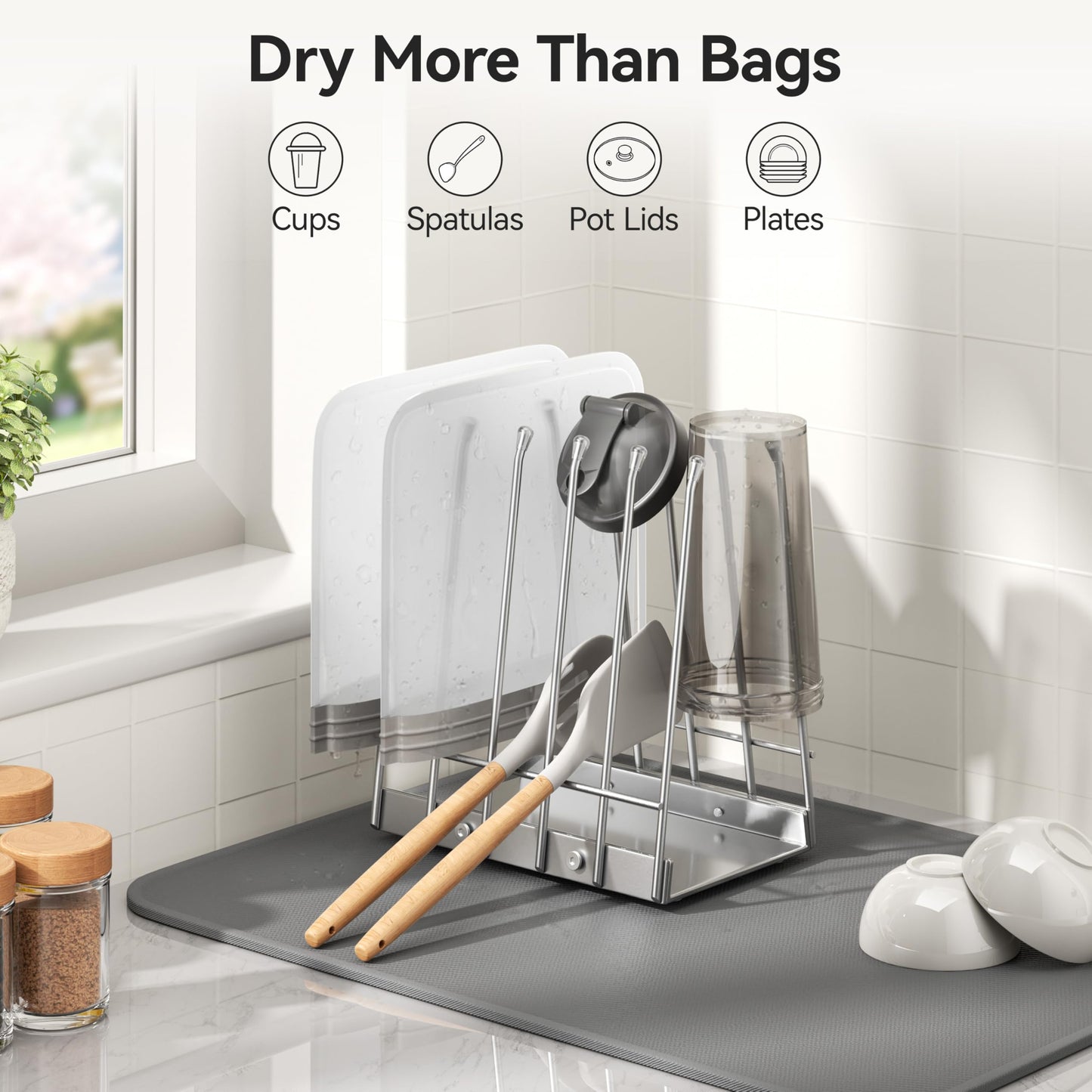 Josmimic Reusable Bags Drying Rack, Plastic Bags Dryer for Ziplock Lerine Silicone Gallon, Snack, Sandwich Storage Bags, Silver