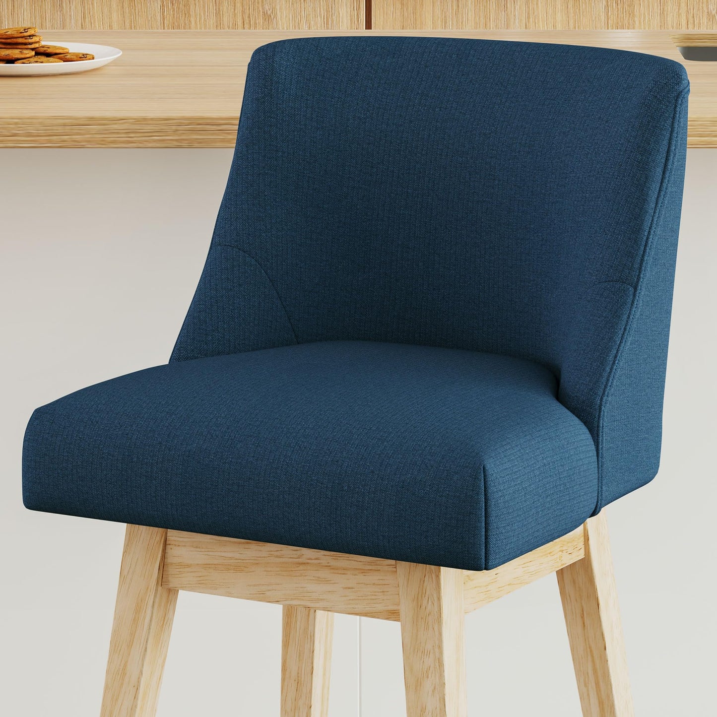 Vipbear Counter Height Bar Stools Set of 2, 26" H Modern Swivel Bar stools with Contoured Back and Solid Wood Legs, Linen Fabric Upholstered Counter Bar Chairs for Kitchen Island, Blue