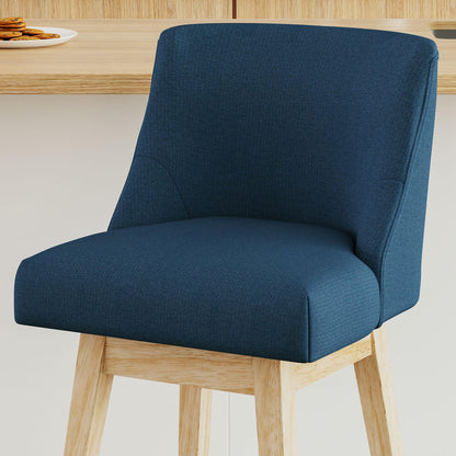 Vipbear Counter Height Bar Stools Set of 2, 26" H Modern Swivel Bar stools with Contoured Back and Solid Wood Legs, Linen Fabric Upholstered Counter Bar Chairs for Kitchen Island, Blue