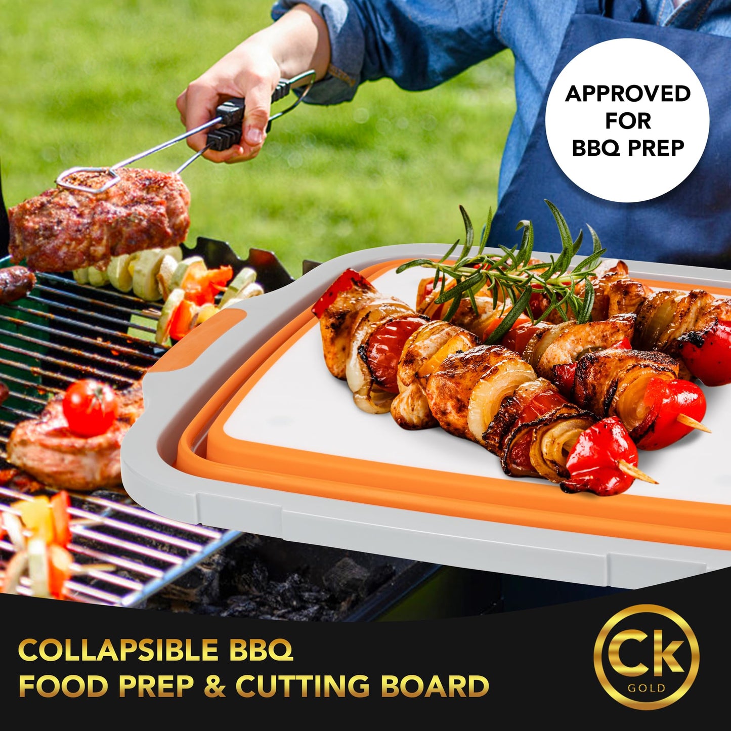 CK GOLD Collapsible BBQ Prep Tub XL with Locking Lid & Drain Hole | Meat Marinating Container with Cutting Board | BPA-Free Food-Grade Prep Tubs for Grilling, Camping & Outdoor Cooking (Orange, 16 L)