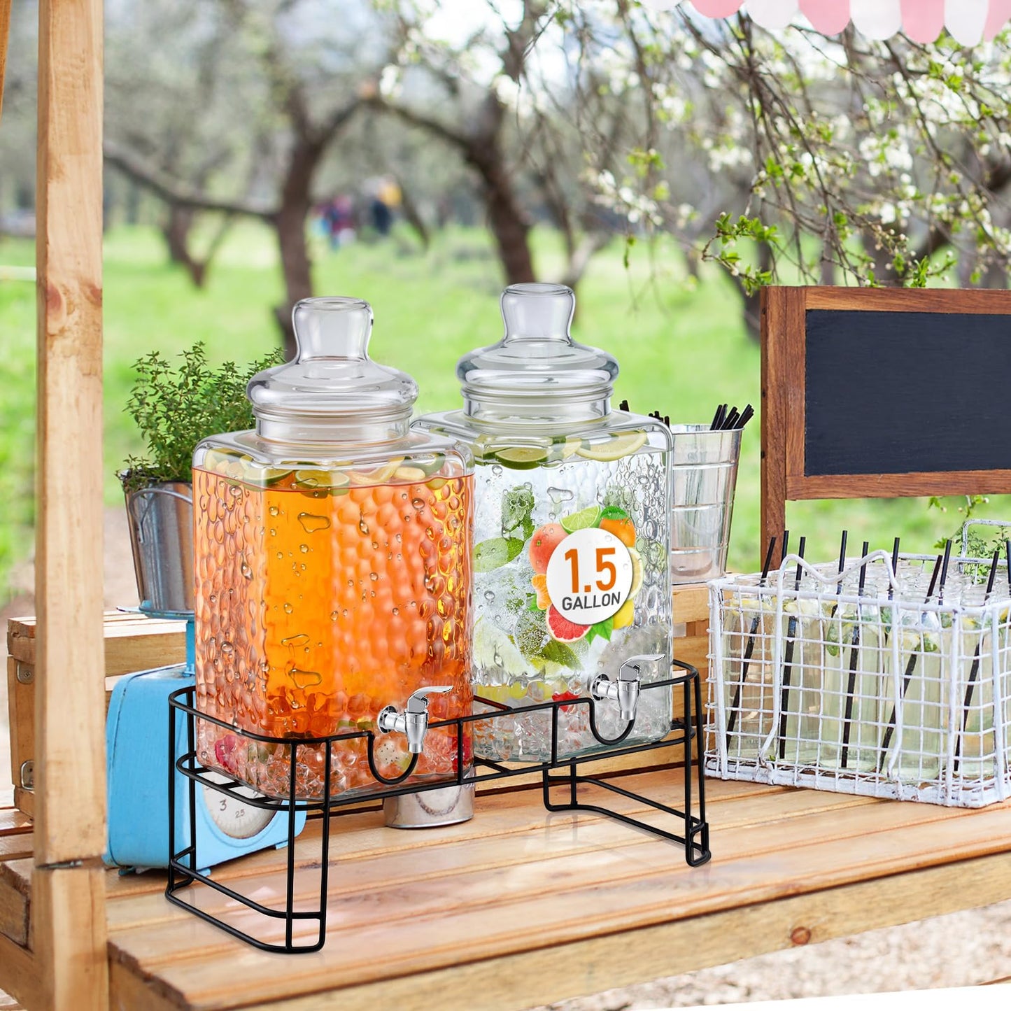 Honeydak 1.5 Gallon Glass Beverage Dispenser with Stand Stainless Steel Spigot Glass Lid Clear Iced Juice Container Leakproof Drink Dispenser Countertop Lemonade Water Jar for Wedding Party (2 Pack)