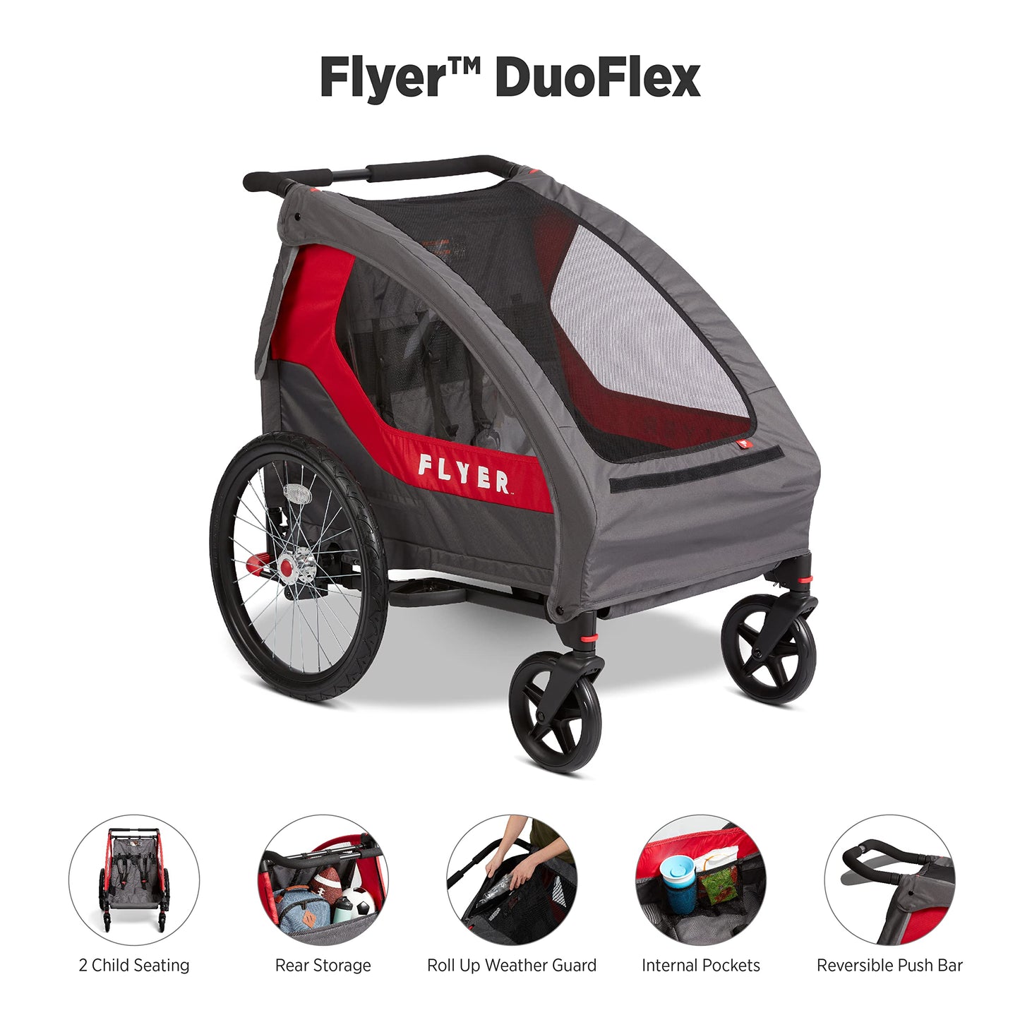 Flyer(TM) Duoflex 2 in 1 Bike Trailer and Double Stroller for Toddlers, 1+ Years