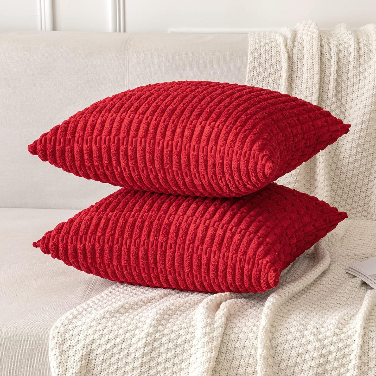 MIULEE Red Corduroy Decorative Pillow Covers - Soft Boho Striped 18x18 Inch for Modern Farmhouse Decor