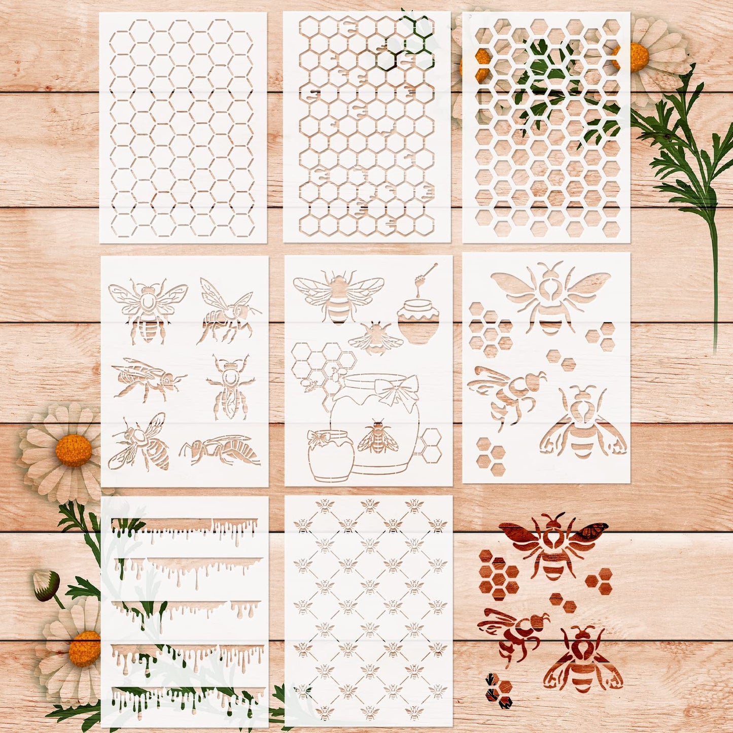 8 Pcs Bee Stencils for Painting on Wood, Honeycomb Hexagon Drawing Template Honey Comb Bee Stencil for Wall Canvas Furniture DIY Crafts Decorative Wood Burning (Honeycomb)