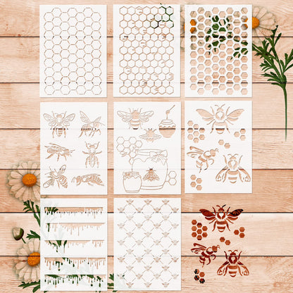 8 Pcs Bee Stencils for Painting on Wood, Honeycomb Hexagon Drawing Template Honey Comb Bee Stencil for Wall Canvas Furniture DIY Crafts Decorative Wood Burning (Honeycomb)