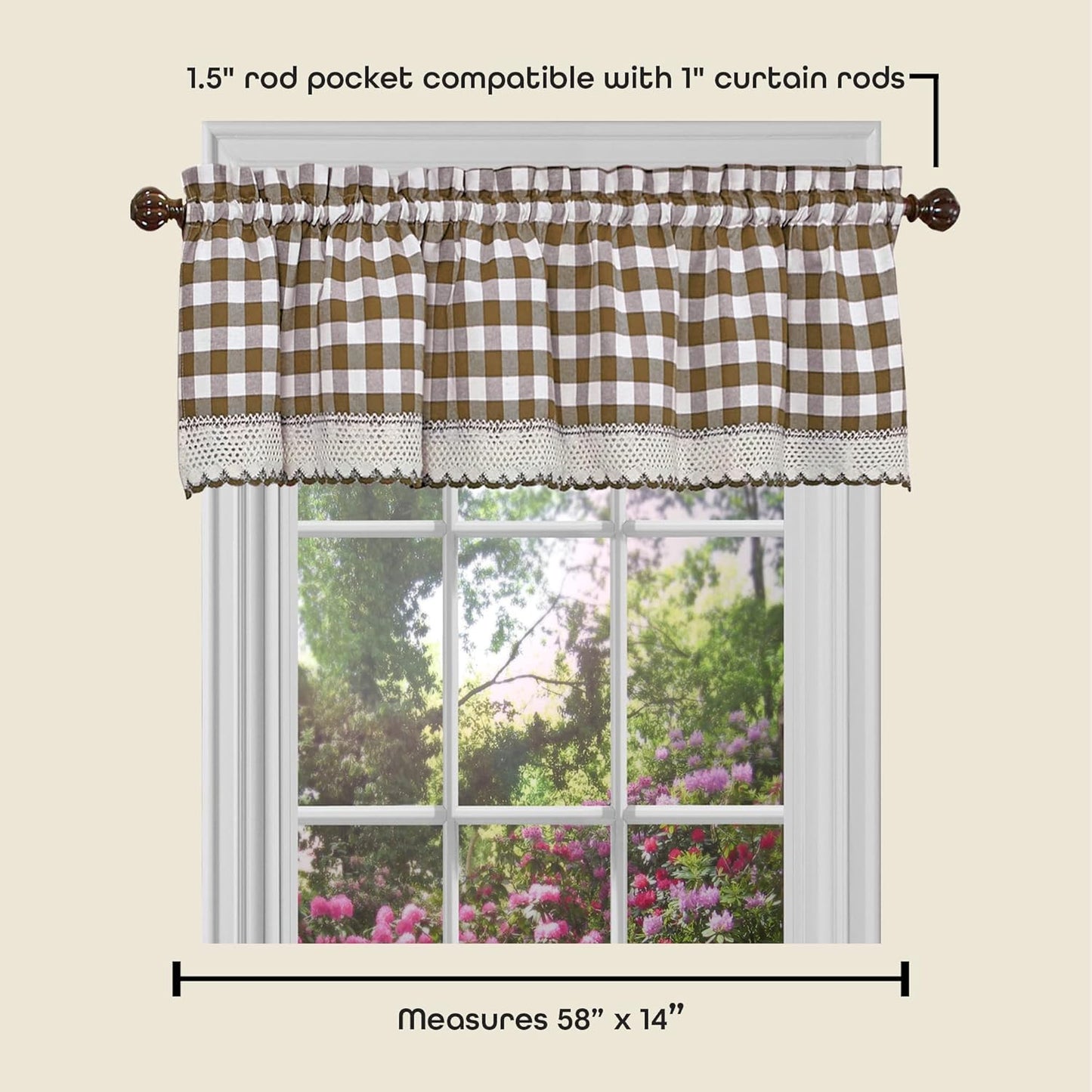 Buffalo Check Valance Window Curtains by Achim Home Decor, 58 Inch Width, 14 Inch Length, Taupe Brown & Ivory Plaid