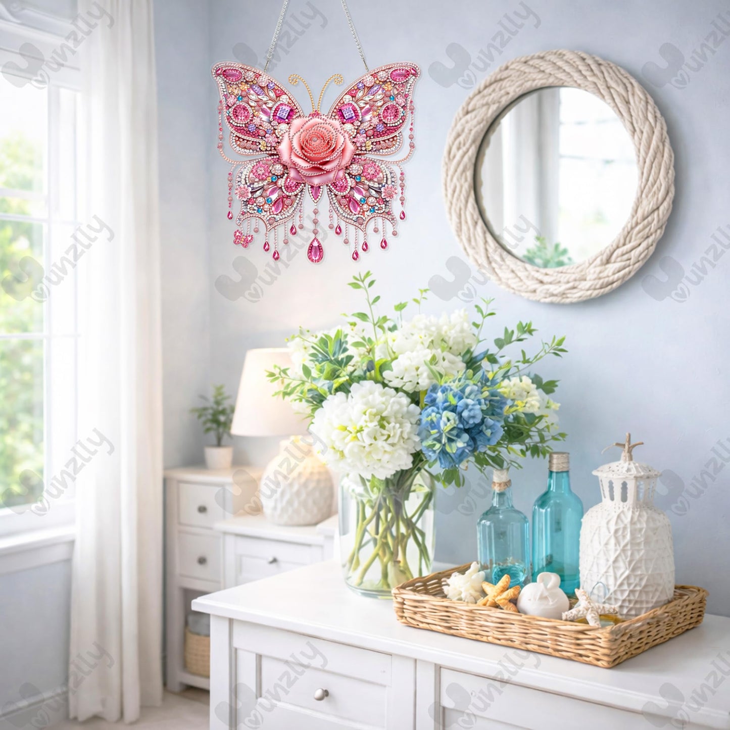Yunzlly DIY Hanging Diamond Art Pendant Kit, Special Crystal Double Sided Diamonds Painting Ornament Kit for Adults, Acrylic Gem Painting Board for Window&Door&Wall (Pink Butterfly)