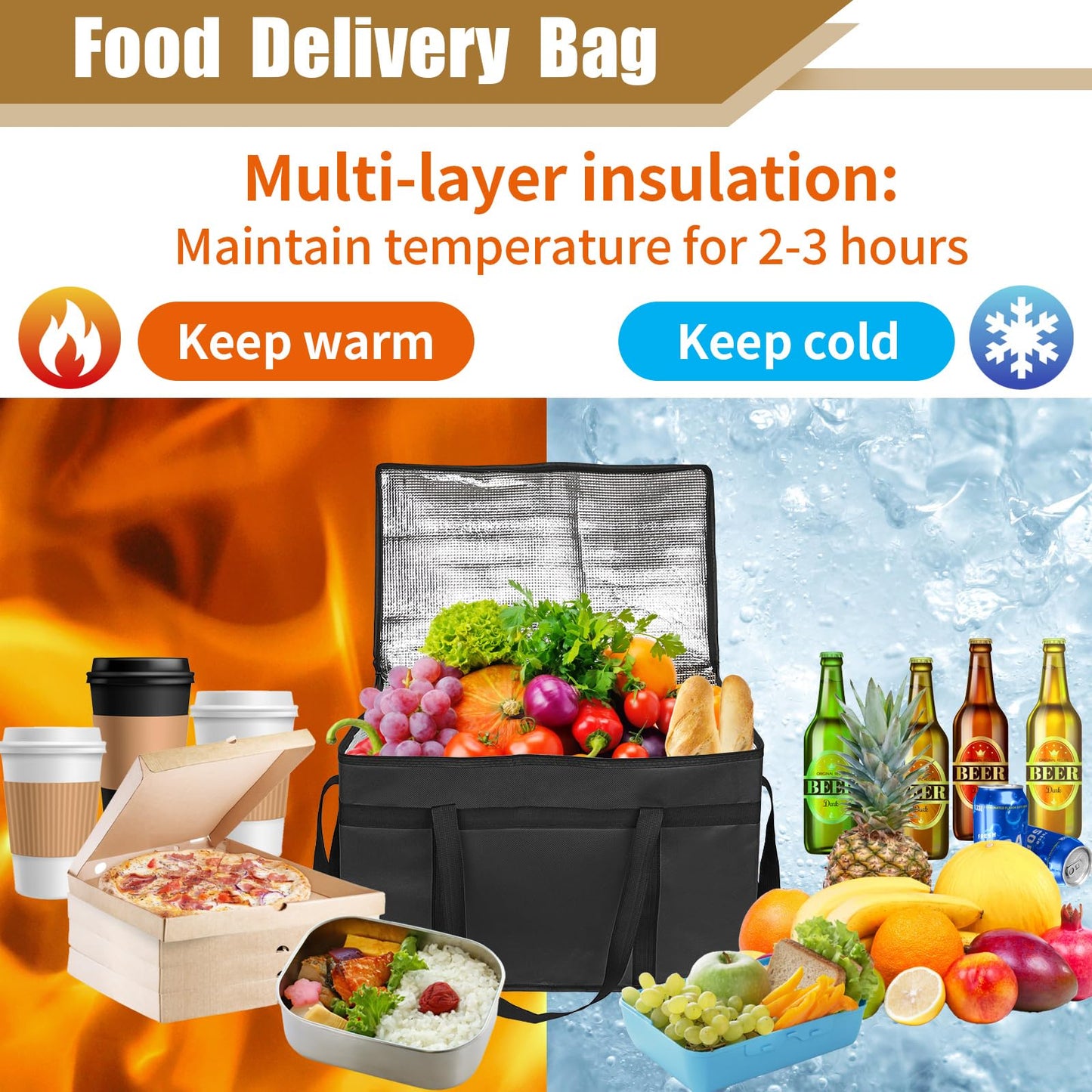 PEASUG Insulated Bags for Food Delivery, XXXL Pizza Delivery Bags, Large Capacity Cooler Bag Keep Food Warm for Grocery Shopping and Catering, Foldable, Heavy-Duty (Black)