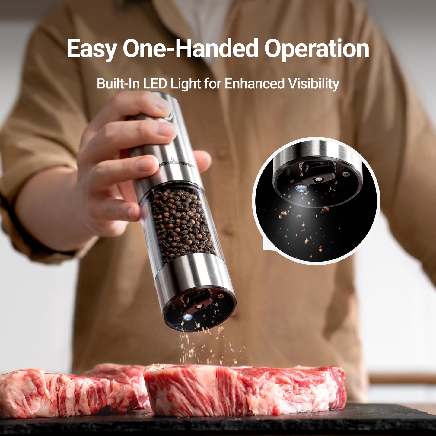 ThermoMaven Electric Salt and Pepper Grinder Set, 110ml Larger Rechargeable Automatic Salt and Pepper Mill Grinder with 6 Adjustable Coarseness, Electric Salt and Pepper Shakers, LED, Gun Grey