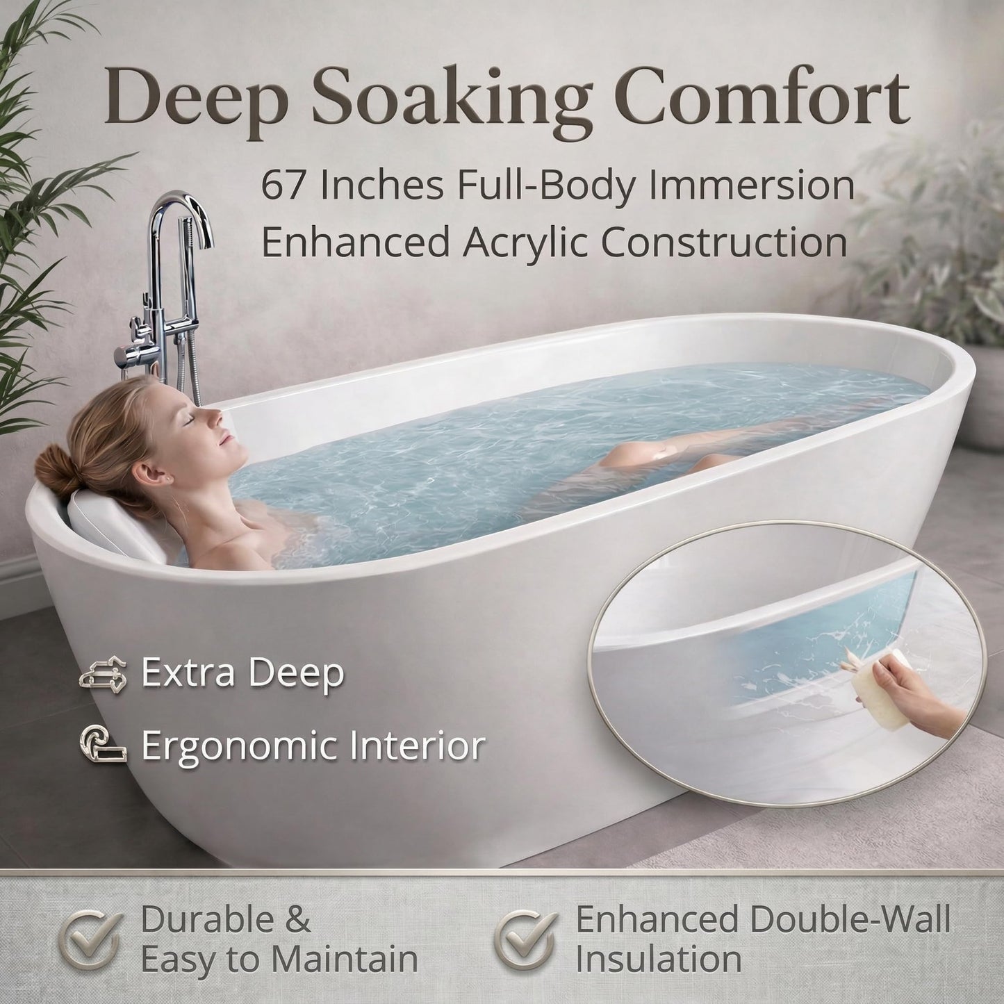 GarveeTech 67"Freestanding Bathtub, Acrylic Deep Soaking Tub, Non-Slip Acrylic Tub with Chrome Overflow and Drain, CUPC Certified, Ergonomic Modern Bath for Bathrooms, Easy-Install