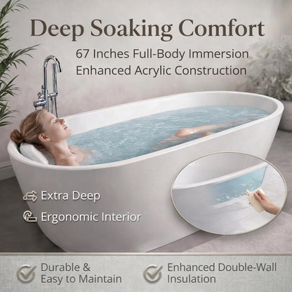 Freestanding Bathtub, Acrylic, Deep Soaking, Modern Upright Bathtub with Matte Drain and Black Overflow, Durable Double Wall, Freestanding for Bathroom, 67'', White