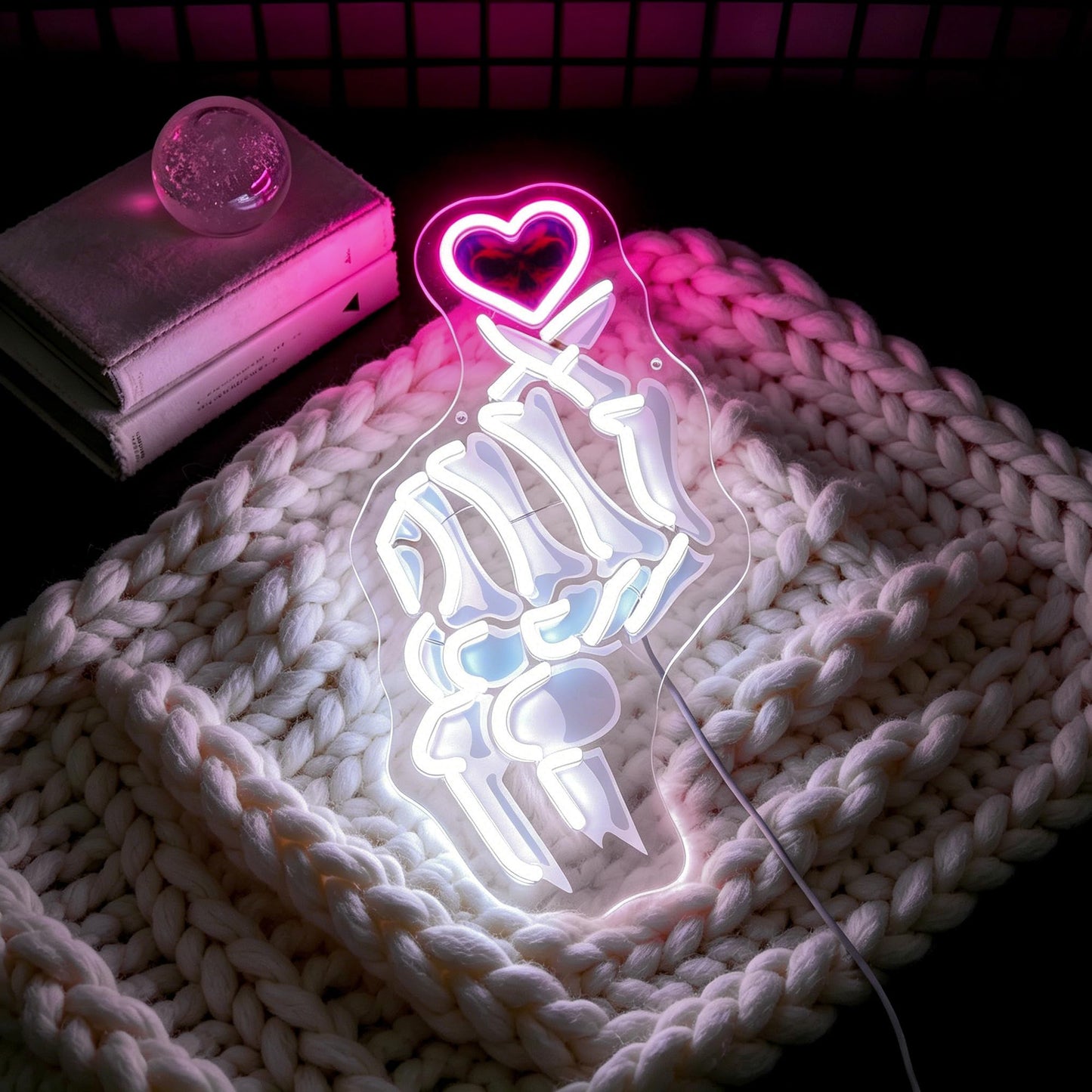Whfobfe White&Pink Neon Sign Led Neon Lights Signs for Wall Decor USB Powered Led Signs for Room Decoration-Skeleton Finger Heart
