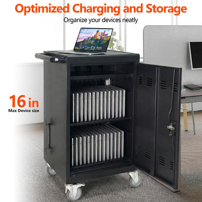 30-Device Mobile Charging Cart with Charging Power Strip and Front and Rear Access Locks, Cable Management, Up to 16.3", Safe Charging Cabinet for Ipads, Chromebooks, Tablets, Laptops Black