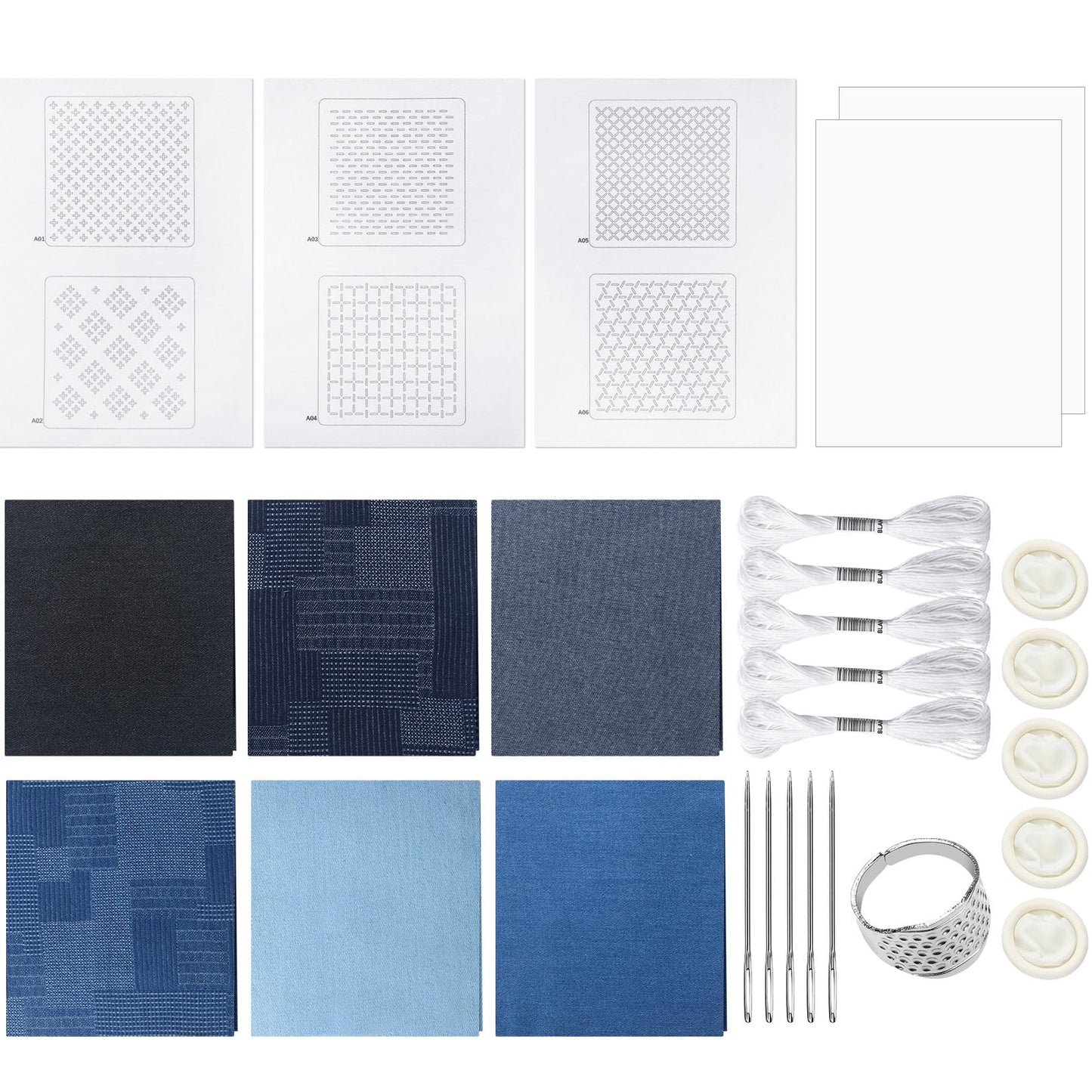 Hahafelt Sashiko Kit Sashiko Thread and Needles Thimble Denim Fabric Water Soluble Japanese Embroidery Kit for Beginners Hand Quilting and Mending, Sewing Supplies