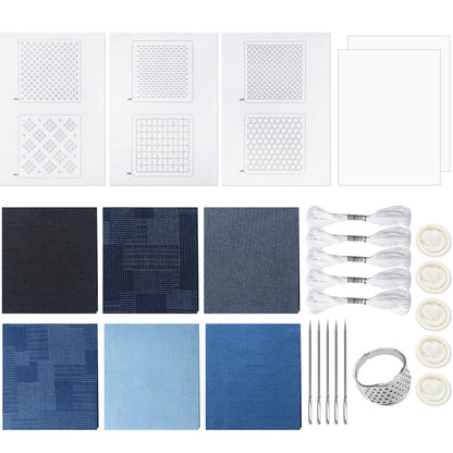 Hahafelt Sashiko Kit Sashiko Thread and Needles Thimble Denim Fabric Water Soluble Japanese Embroidery Kit for Beginners Hand Quilting and Mending, Sewing Supplies
