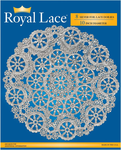 Royal Lace Medallion Lace Round Paper Doilies, 10-Inch, Silver, Pack of 8
