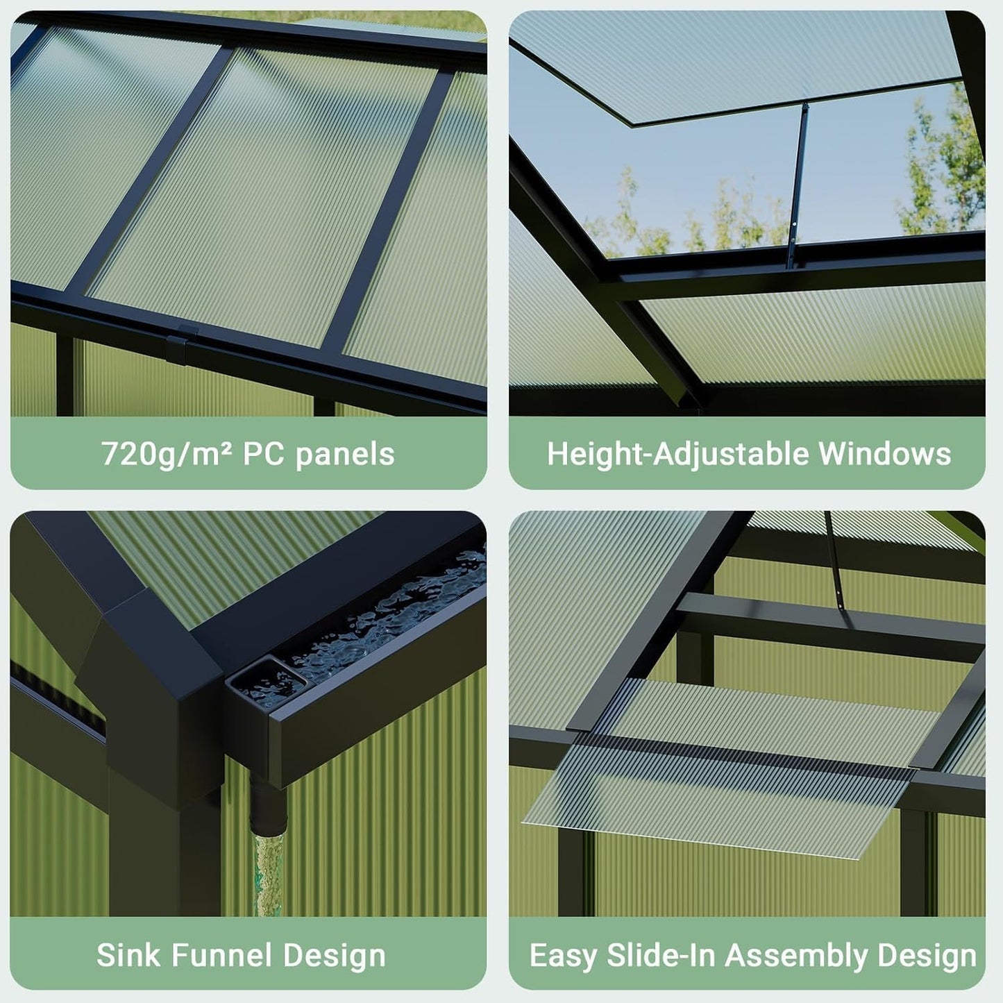 Greenhouse, 6x10 Ft Outdoor Greenhouses, Accessible Green House with Roof Vents and Sliding Doors, Aluminum Frame Polycarbonate Greenhouses, Large Greenhouse for Outdoor Gardens and Backyards, Black