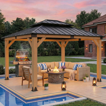 CHARMELEON 10x12 FT Cedar Wood Gazebo,Hardtop Wooden Gazebo with 4.6in Thickened Posts&High Load-Bearing Galvanized Steel Roof for Outdoor, Patio, Backyard-Natural