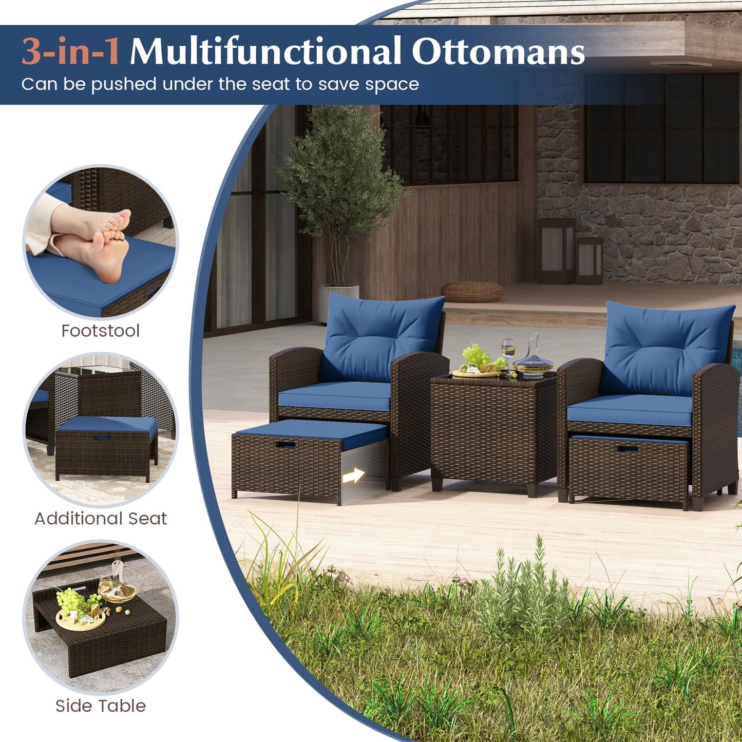 Tangkula 5 Pieces Patio Conversation Set, PE Wicker Rattan Outdoor Furniture Set with 2 Chairs, 2 Ottomans & Tempered Glass Coffee Table, Ideal for Poolside, Backyard, Lawn, Deck, Mix Brown & Navy