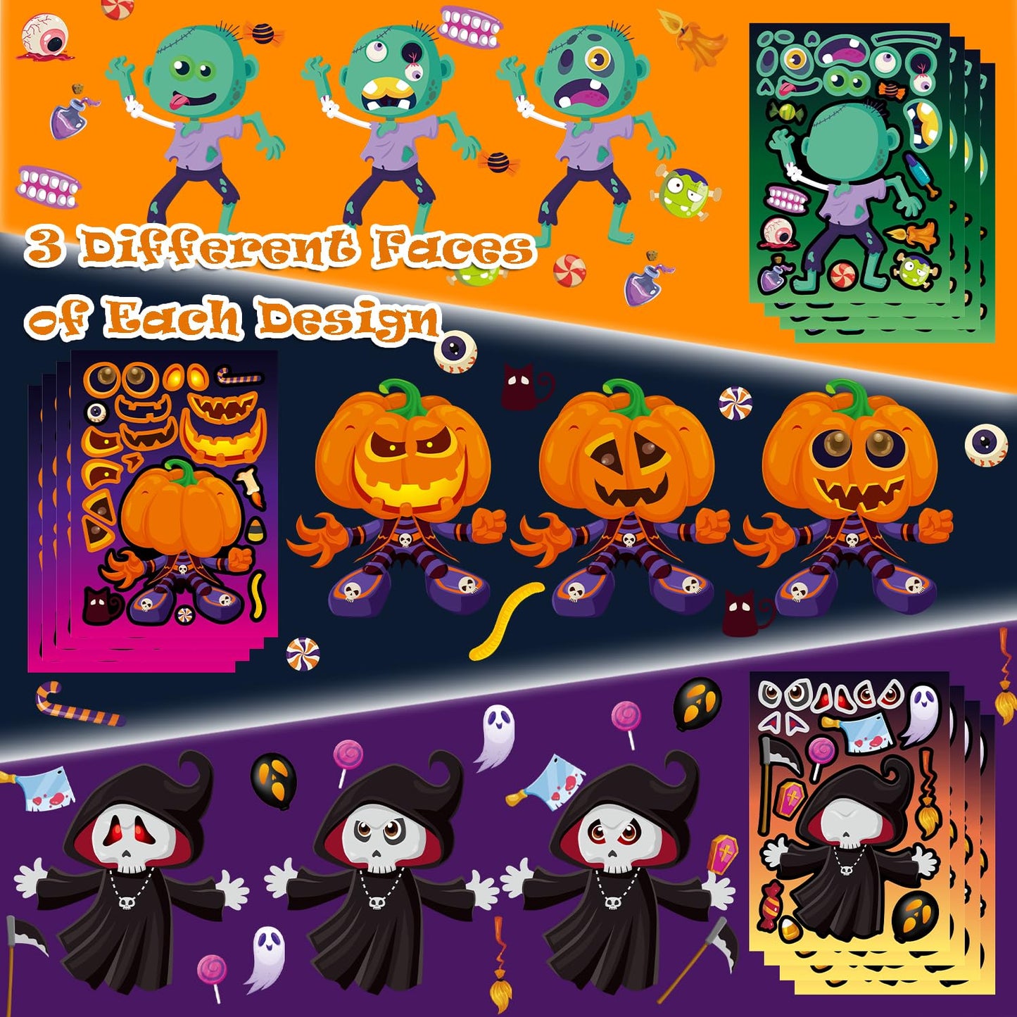 Aowplc 64 Sheets Halloween Party Games Stickers for Kids Make Your Own Stickers with 16 Different Designs Cute Halloween Party Favors Crafts Supplies