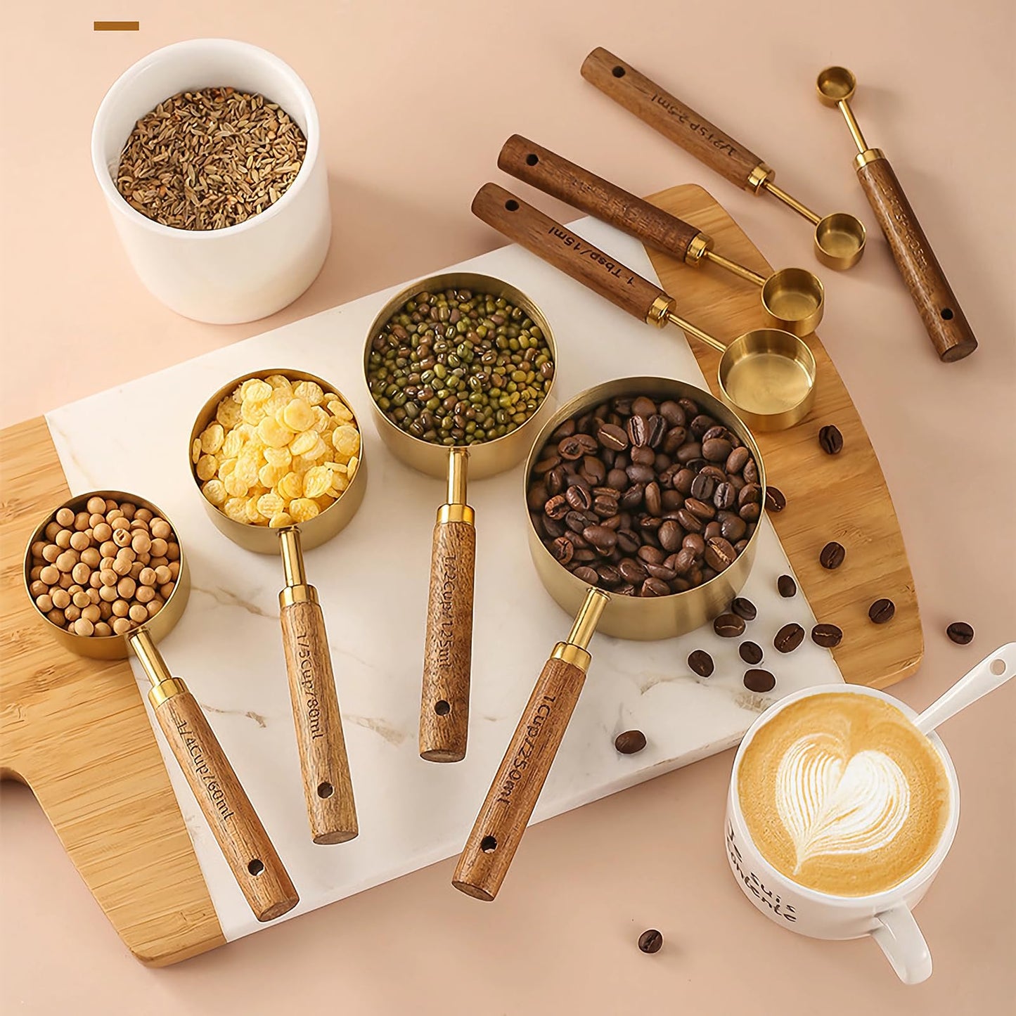 8Pcs Measuring Cups and Spoons Set - Golden Stainless Steel Measuring Cups with Wooden Handle, Metal Measuring Spoons Set Nesting Kitchen Measure Set for Kitchen/Food/Baking (8Pcs Wooden Handle)