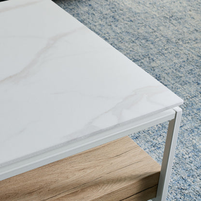 SAFAVIEH Home Collection - Aurelian White Faux Marble Rectangular Coffee Table with Lower Wood Shelf, Modern Design (COF7016A)
