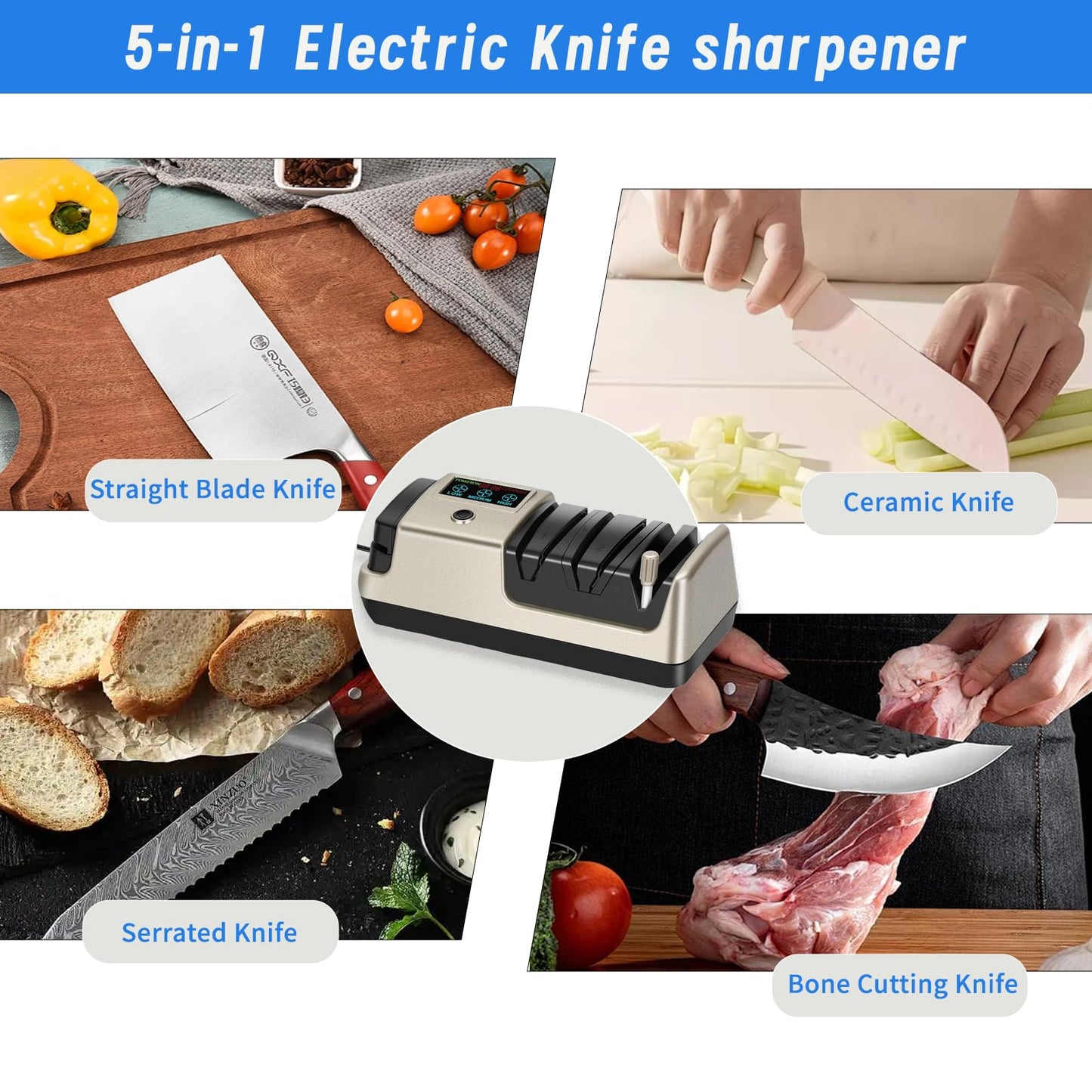 5-in-1 Electric Knife Sharpener for Kitchen Knives, Scissor Sharpener with 3-Speed & 100% Diamond Abrasives -Quickly Sharpening for Straight,Serrated,Cleaver Knives Mothers Day Kitchen Gifts for Mom