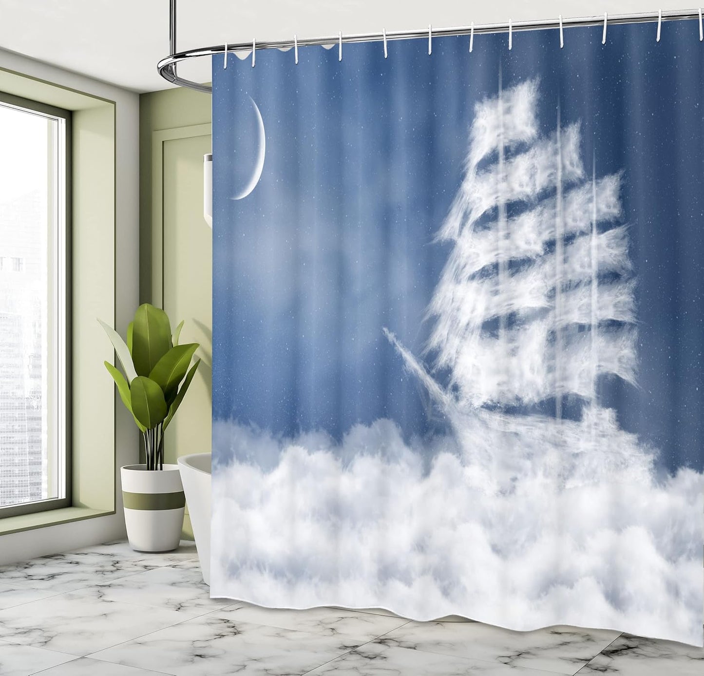 Ambesonne Nautical Shower Curtain - Yacht in The Ocean, Cloth Fabric Bathroom Decor Set with Hooks, 69" W x 75" L