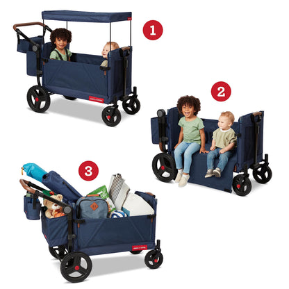 Radio Flyer Atlas Stroll 'N Wagon, Navy Blue, For Ages 1+, 3-in-1 Push or Pull Versatility, One-Hand Fold, UV Canopy, 5-Point Harnesses, Storage Capabilities, Rubber Wheels, Stroller Wagon for Kids