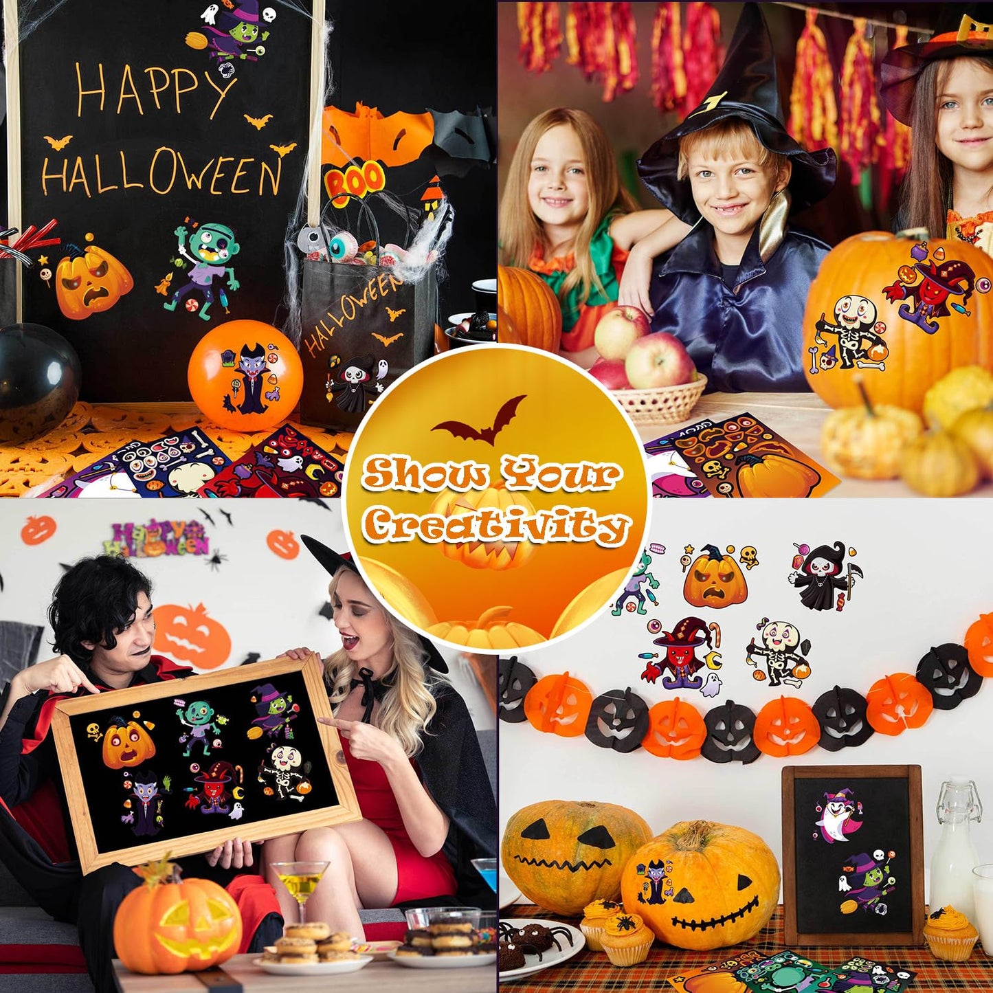 Aowplc 64 Sheets Halloween Party Games Stickers for Kids Make Your Own Stickers with 16 Different Designs Cute Halloween Party Favors Crafts Supplies