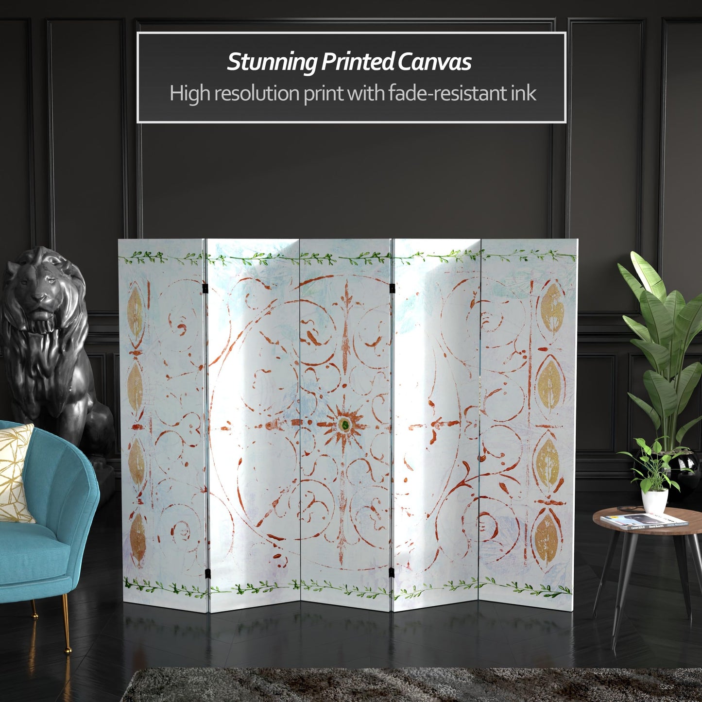 Red Lantern 5 ft. Tall Winter's Peace Canvas Room Divider 5 Panel Freestanding Folding Privacy Screen, Partition, and Separator for Modern and Contemporary Bedroom, Home Office, Studio, Dorm