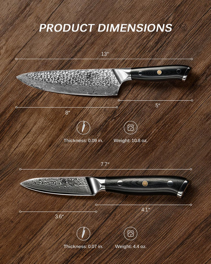 KYOKU Knife Set, Shogun Series 2pc Japanese Style Kitchen Knife Set, 8" Chef 3.6" Paring Knife with Sheath Gift Box, Professional Sharp Damascus Stainless Steel Knives for Meat Vegetable Fruit