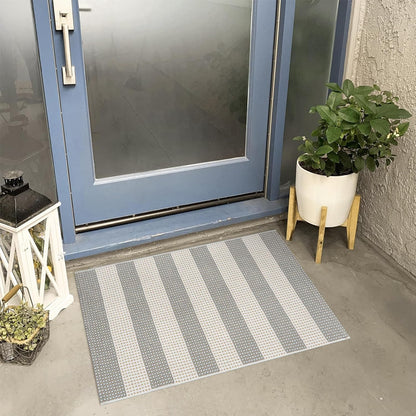 Striped Grey and White Outdoor Rug 2x3, Washable Reversible Cotton Hand-Woven Porch Mat for Entryway