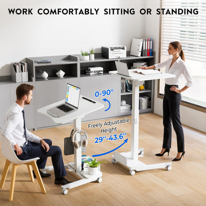 BONTEC Mobile Standing Desk Adjustable Height, Rolling Laptop Cart with Storage Shelf, Hooks, Portable Workstation with Pneumatic Lift, Ergonomic Compact Home Office Desk, White 23.6" x 20.5"