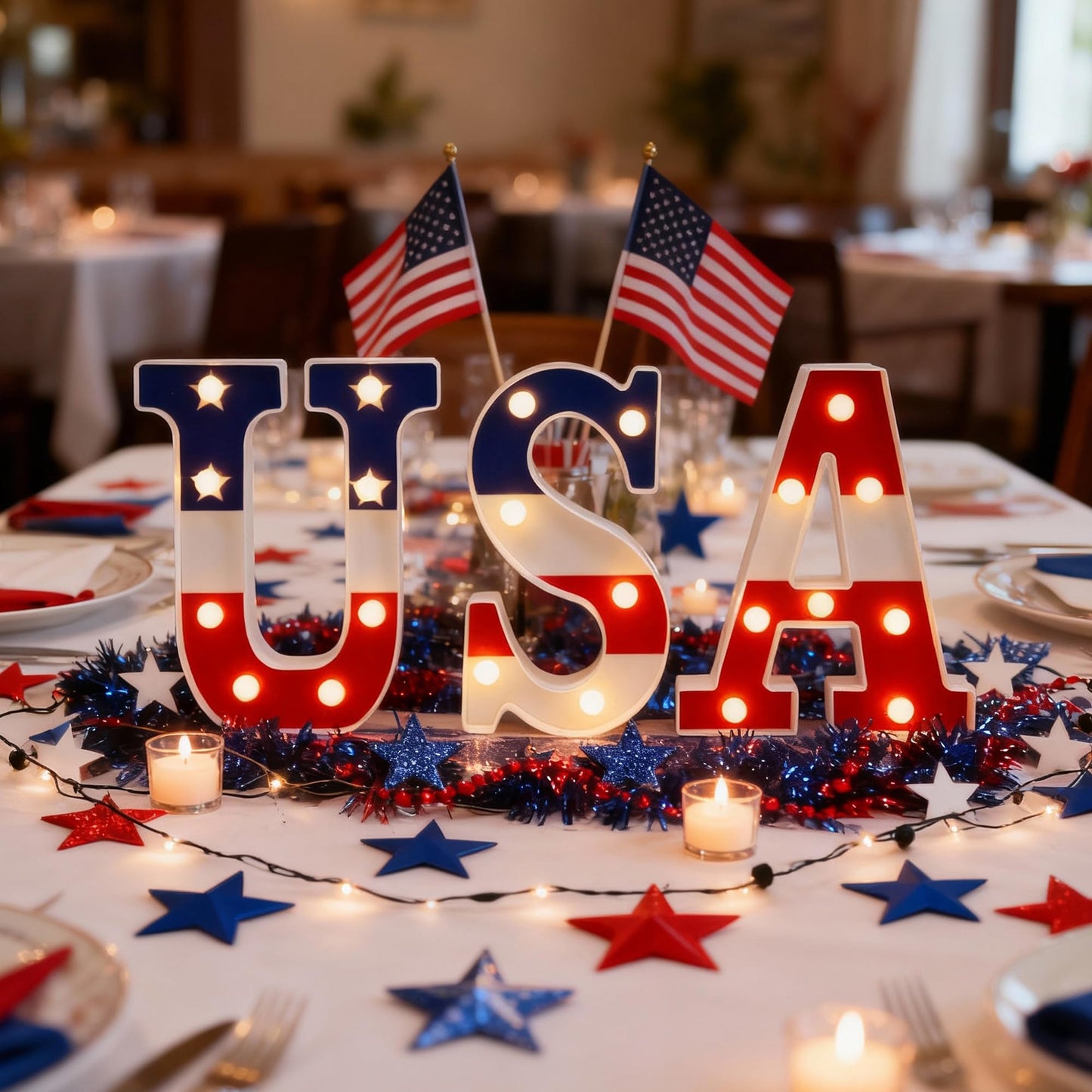 NWLIGHT Light Up letters 4th of July Marquee Lights for Independence Day LED Battery Operated Letter Lights Patriotic USA Letters Holiday Table Centerpiece Home Decoration