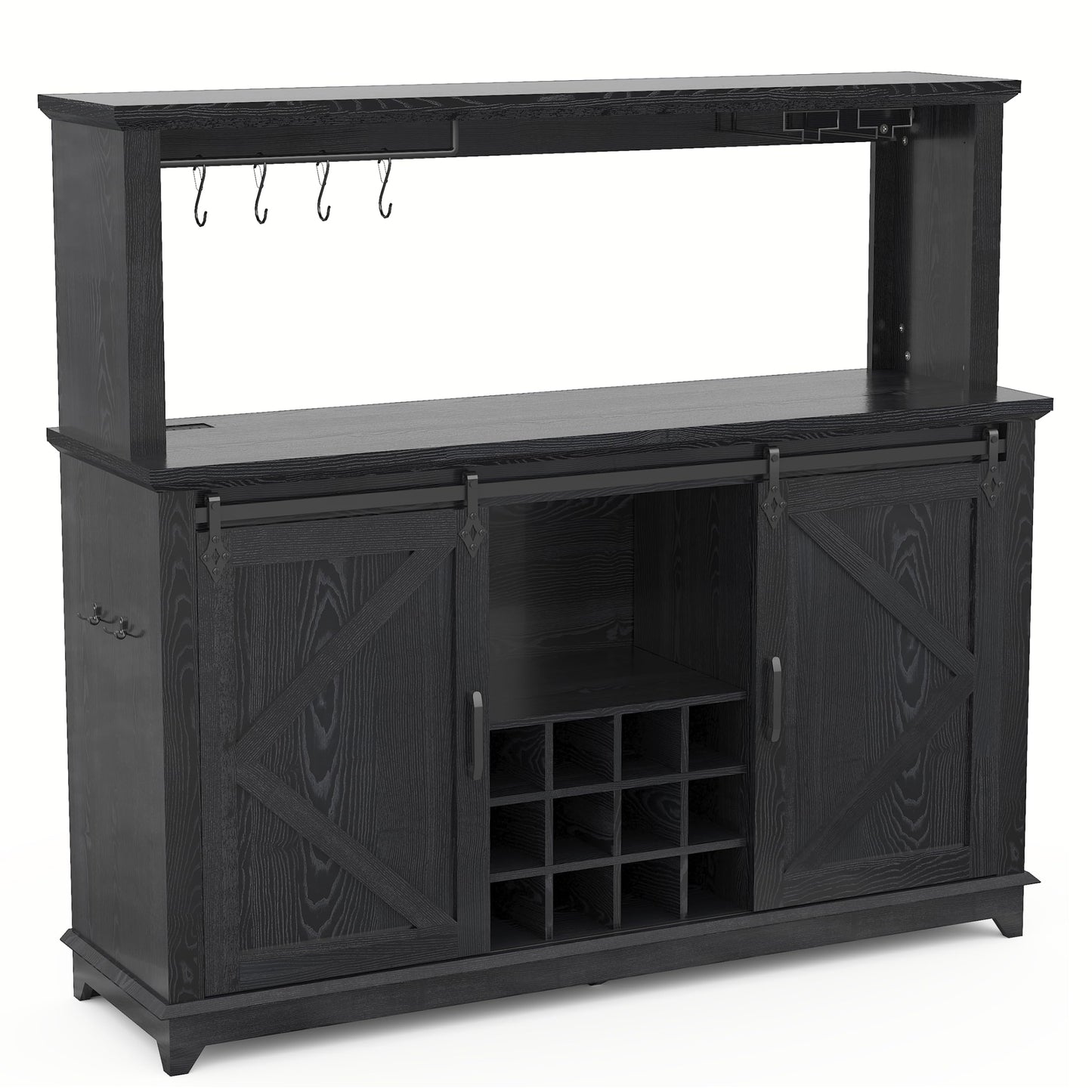 Hetoy Farmhouse Coffee Bar Cabinet 55" Tall with Sliding Barn Door, LED Light, Power Outlet – Storage Drawers, 12-Bottle Wine Rack, Ideal Coffee Hutch for Dining Room or Home Bar