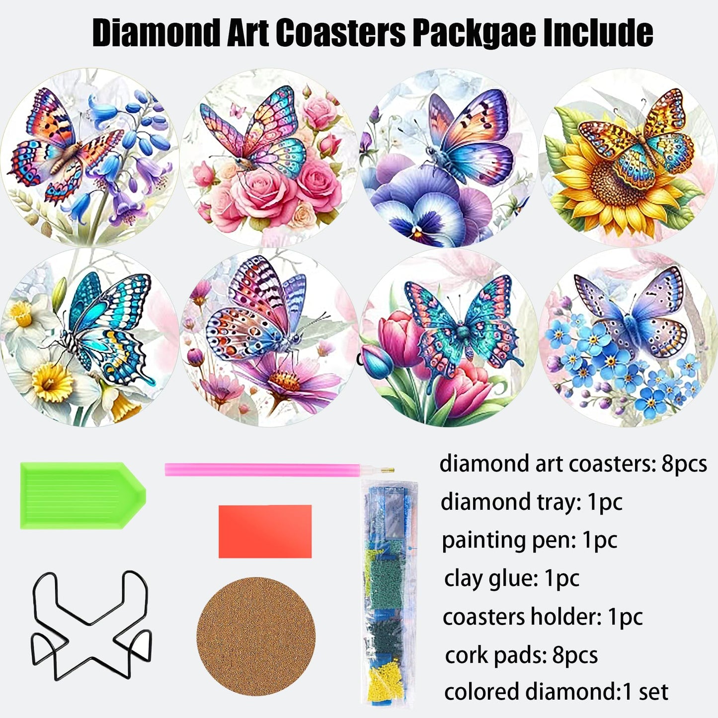 EOTHSW Diamond Art Coasters 8 Pack with Holder DIY Diamond Painting Coasters Crafts Kits for DIY Coaster Diamond Art Kits for Adults Gift 4X4 in (Butterfly-8pc)