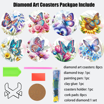 EOTHSW Diamond Art Coasters 8 Pack with Holder DIY Diamond Painting Coasters Crafts Kits for DIY Coaster Diamond Art Kits for Adults Gift 4X4 in (Butterfly-8pc)