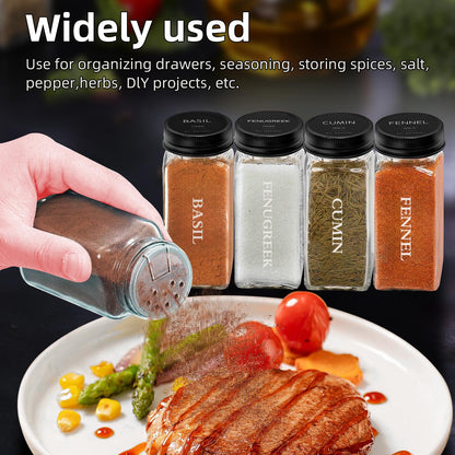 12Pcs 4 OZ Glass Spice Jars with black Metal Caps, Glass Jars with Minimalist Farmhouse Spice Labels Stickers, Collapsible Funnel, Seasoning Storage Bottles for Spice Rack, Cabinet, Drawer (12)