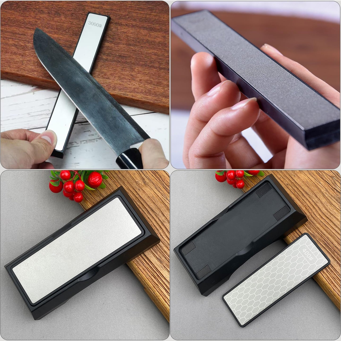 Diamond Sharpening Stone Set & Knife Sharpener Whetstone Kit, Double-Sided 400/1000 Grit Plate with Non-Slip Base & Angle Guide, Portable 3000 Grit Honing Tool for Kitchen Ceramic Knives