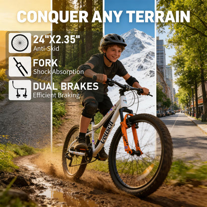 vollsch 24 Inch Kids Mountain Bike for 9-15 Years Old Boys Girls Teens 6-Speed Child MTB Bicycle with Front Suspension Fork, White with Orange Fork