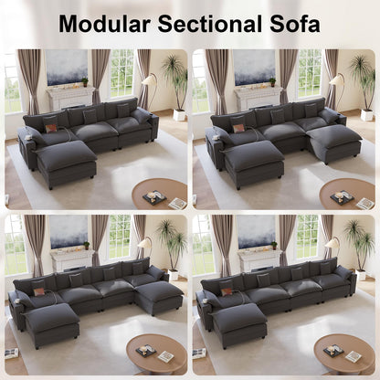KCGKCG 152" Modular Sectional Sofa, L Shaped Cloud Couch with Movable Ottoman, Chenille Deep Seat Cloud Sofa with Charging Station, Cup Holder, Side Pocket, Sectional Couches for Living Room, Grey