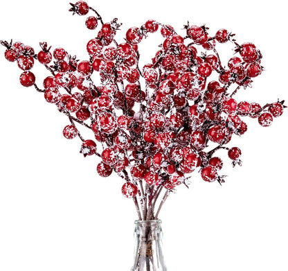 12 Pack 11.8inch Whaline Christmas Artificial Berry Picks Xmas Winter Frosted Red Berry Stems Fake Snowy Red Berry