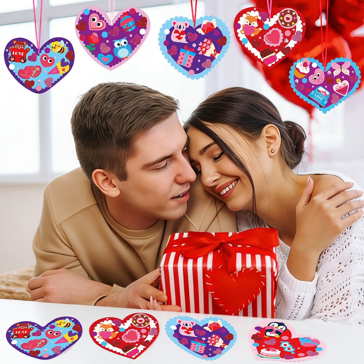 LOAVER 24 Sets Valentines Day Heart Ornaments Craft Kit,DIY Assorted Foam Heart with Shape Stickers Googly Eyes Rhinestones Bookmark for Valentines Day Presents Gift Exchange Craft Supplies
