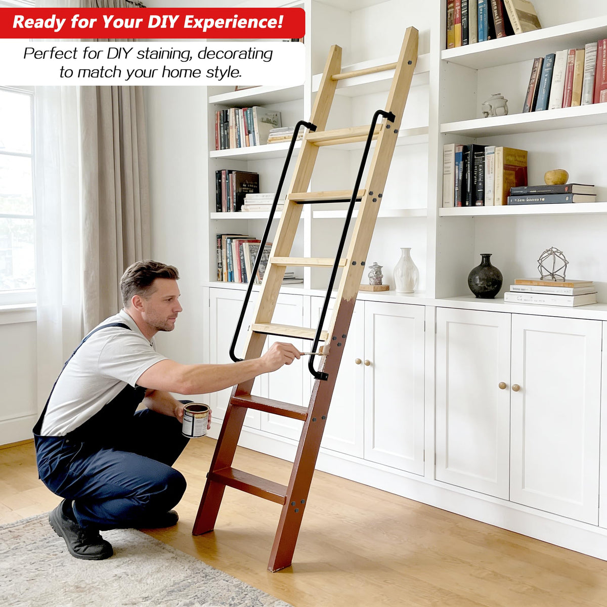 104RDHOUSE 108in Attic Rolling Library Ladder, 9 Step Wooden Ladder with,Ladder Bookshelf,Wall Stairs Red Oak Stair Platform Bunkbed Ladder,for Home Kitchen,Warehouses,Bookstore,DIY Stain