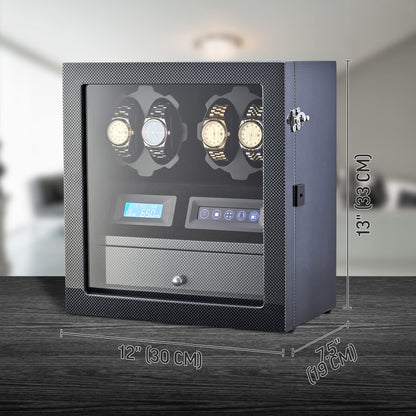 4 Watch Winder with 5 Watch Storage Space, LCD Display, Touch Control and Interior Light (Carbon + Black Velvet)