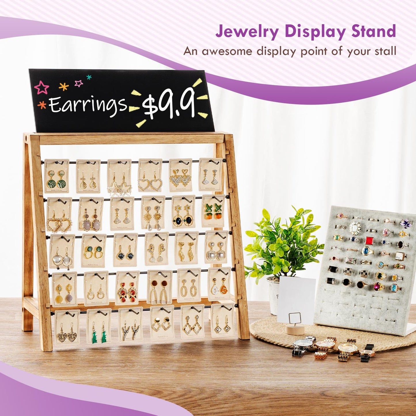 Poyilooo Jewelry Display for Vendors Selling, Wood Earring Bracelet Keychain Display for Vendors with Adversitsing Board 30 Hooks, Large Capacity Jewelry Holder Display Stands Rack for Earring Card